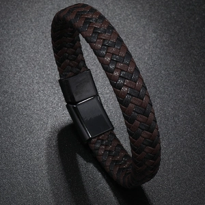 Mens braided leather bracelet with black magnetic clasp in dark brown and black tones