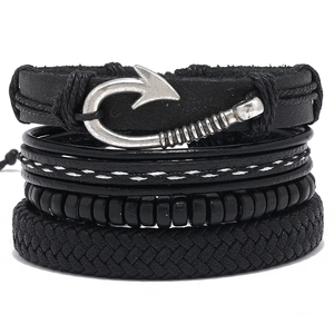 Men's Multi-layer Leather Bracelet Set Hand Woven Artificial Leather Alloy Fish Hook Pendant Vintage Punk Black Bead Bracelet For Men Jewelry