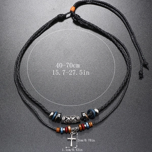 Retro multilayer leather cord necklace with silver cross pendant and colorful beads