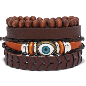 Bracelet en Cuir Multi-couches Rétro Perles de Bois Tissées à la Main Charme Mauvais Œil Style Bohème Bijoux de Mode pour Hommes Femmes