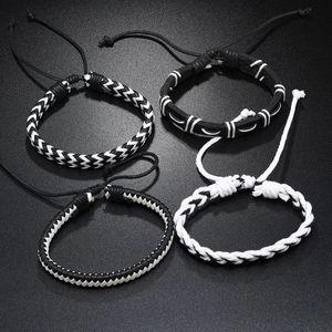 Handmade woven multilayer bracelet set with 4 pieces in black and white adjustable cord