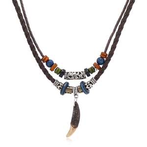 Men Vintage Ethnic Faux Leather Layered Necklace Handmade Braided Cord With Faux Wolf Tooth Pendant Wood Beads Jewelry