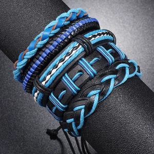 Men's handmade multilayer leather bracelet set in black and navy blue braided cord styles