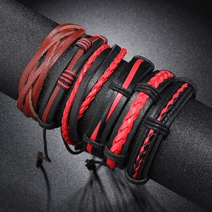 Handmade multilayer leather bracelet set in black and red woven style for unisex