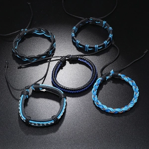 5-piece men's multilayer braided leather bracelet set with adjustable cord in black and blue