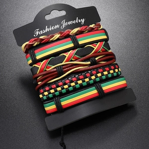 Ensemble de bracelets en cuir tressé Rasta Jamaïque pour style hip-hop et streetwear