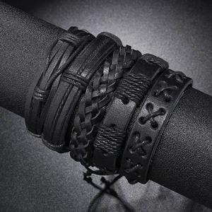Men's 5-piece handmade multilayer black braided leather bracelet set in punk rock style