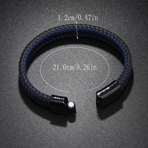 Detail view of woven leather bracelet with magnetic clasp showing 1.2cm width and 21cm length