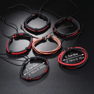 Adjustable 6-piece handmade woven leather bracelet set in black and red tones