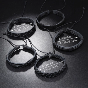 Five-piece black braided leather bracelet set for men with adjustable cord and multilayer design