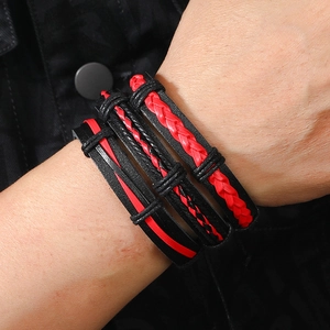 Men's 3-piece punk leather wrap bracelet set in black and red woven cord textures