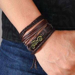 Handmade multilayer leather bracelet with a retro bronze motorcycle pendant for men