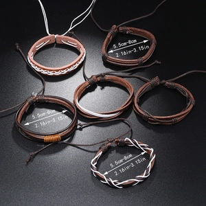 Adjustable 6-piece woven leather bracelet set in dark brown and tan vintage styles