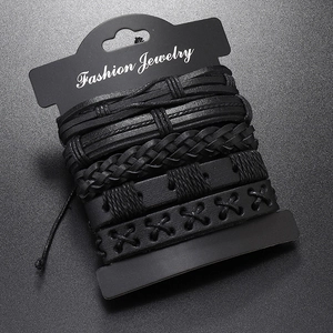 Five-piece set of handmade black braided leather bracelets for men in hip-hop style