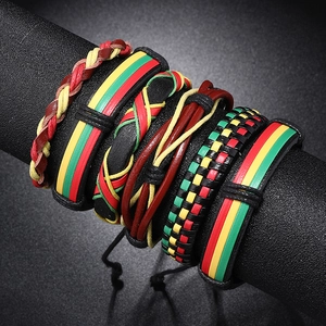 Lot de bracelets en cuir faits main rouge jaune vert style reggae jamaïcain hip hop