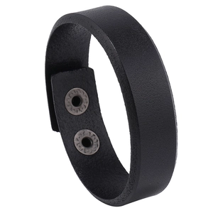 Minimalist black leather punk bracelet for men with adjustable metallic snap fasteners