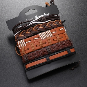 Retro multi-layer hand-woven leather bracelet set for men in dark brown and black tones