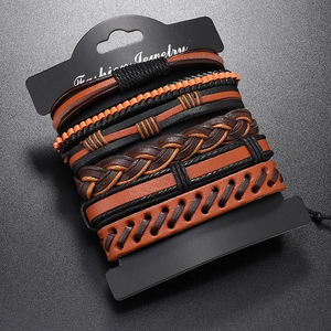 Set bracciale multistrato in pelle intrecciata a mano da uomo con perline arancioni