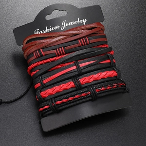 Handmade multilayer braided leather bracelet set in black and red on a display card