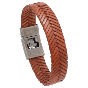 Men's vintage braided brown leather bracelet with industrial magnetic clasp