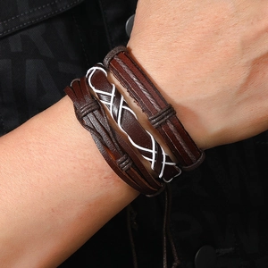 Men's retro multilayer braided leather bracelet set in dark brown with weave details