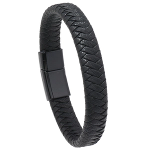 Men's retro braided black leather multi-layer bracelet with black matte magnetic clasp
