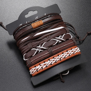 Retro multi-layer men's braided leather bracelet set with brown woven cords