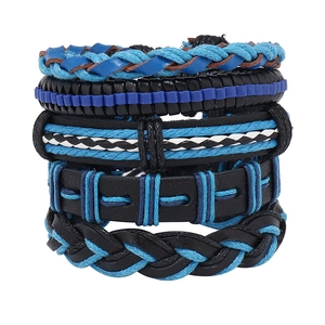 Handmade Multi Layer Braided Faux Leather Bracelet Set For Men Hip Hop Punk Style Wax Cord Adjustable Wristband Jewelry Accessory