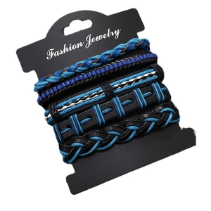 Men's multilayer braided leather bracelet set in navy blue and black with fashion card