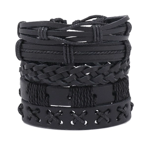 Men's Handmade Braided Multi-Layer Black PU Leather Bracelet Set Hip Hop Punk Vintage Wrap Adjustable Fashion Jewelry Gift
