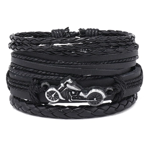 Handmade multilayer black leather bracelet with vintage motorcycle metal ornament