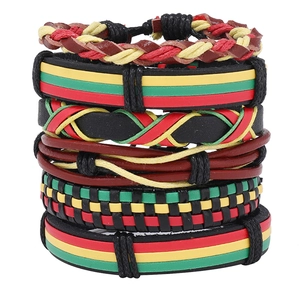 Ensemble de Bracelets en Similicuir Tissé à la Main Style Rasta Jamaïcain Rouge Jaune Vert Noir pour Hommes Femmes Hip Hop Bohème Reggae Bracelet Corde Multi-couches Bijoux