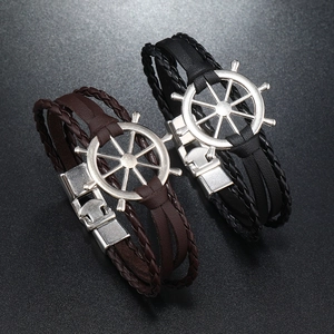 Multi-layer woven leather nautical bracelets with silver ship wheel rudder charms