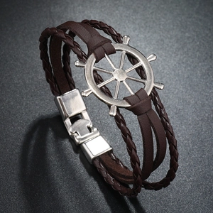 Nautical multilayer brown leather bracelet with silver rudder charm and metal clasp