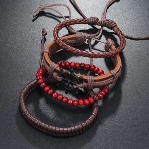 Handmade 4-piece nautical leather bracelet set featuring a vintage anchor helm pendant charm