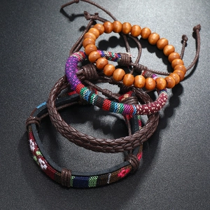 Bohemian 4-piece handmade woven leather and wooden bead bracelet set with ethnic patterns