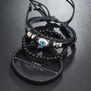 Adjustable 3-piece evil eye leather bracelet set with woven ropes and black beads