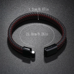 Braided leather bracelet for men with magnetic clasp in black and burgundy dual colors