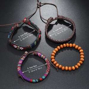 4-piece set of bohemian woven leather bracelets with wooden beads and ethnic patterns