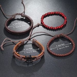 4-piece woven leather bracelet set with rudder charm, adjustable 5.5-8cm diameter