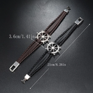 Braided leather nautical bracelets with silver ship wheel charm in black and brown