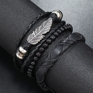 Men's 4-piece multilayer braided leather bracelet set with silver alloy feather pendant