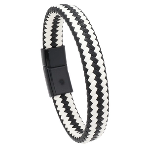 Men's minimalist braided leather bracelet with black magnetic clasp in black and white weave