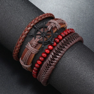 Men's 4-piece vintage leather bracelet set featuring a nautical helm and braided ropes