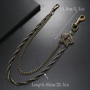 Double-layered punk pants chain with star and spider pendant in antique brass finish