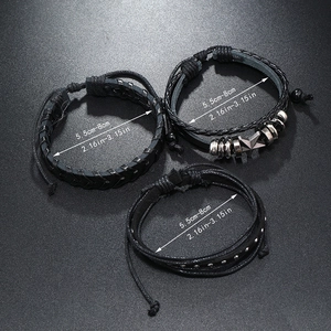 Three-piece black leather woven bracelet set with metal star charm and adjustable drawstring