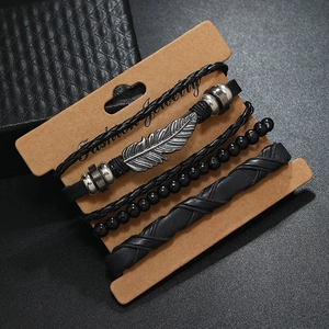 Men's retro 4-piece black woven leather bracelet set with alloy feather charms