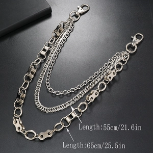 Multi-layer silver punk trouser chain with three tiers of heavy metal links for jeans