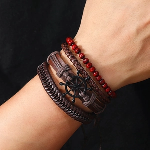 Handmade nautical multi-layer leather bracelet set with rudder charm and wooden beads