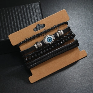 Men's 4-piece black leather bracelet set featuring braided ropes and evil eye charm
